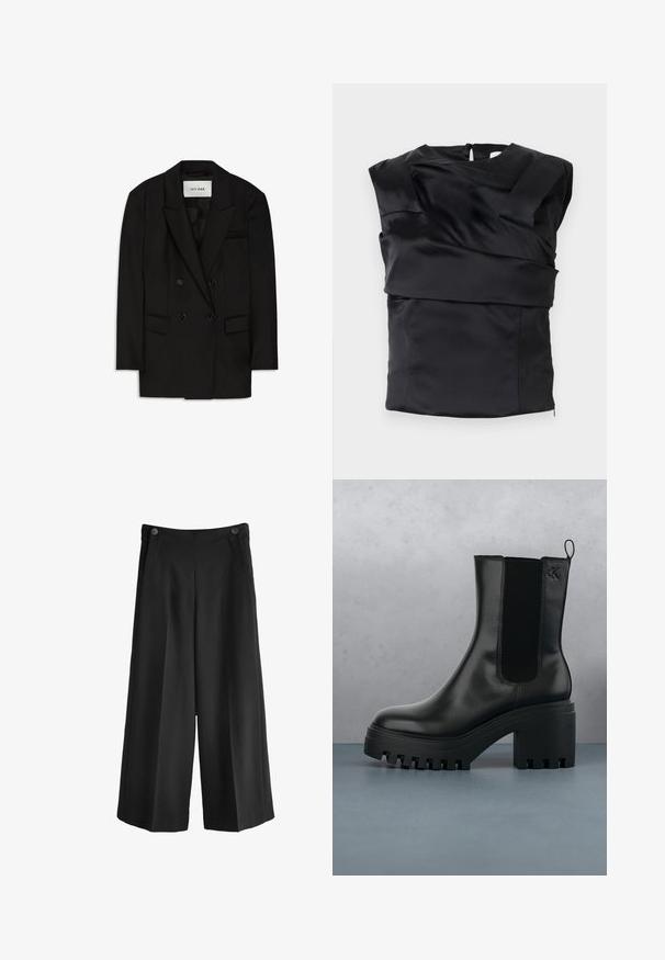 Schwarzer zweireihiger Blazer aus glattem Stoff, mit Reverskragen, zwei vorderen Taschen und einer Brusttasche in einem eleganten Design.; Schwarzes Satin-Top mit strukturiertem Design, breiten Schultern und asymmetrischem Vorderteil, das hinten mit einem Reißverschluss geschlossen wird.; Schwarzweite Hosen mit hoher Taille, aus glattem Material gefertigt. Verfügt über zwei Vordertaschen und zwei Knöpfe am Bund.; Schwarze Leder-Stiefelette mit runder Zehenform, chunky Plateausohle und Netzseiteneinsätzen. Verfügt über eine Zuglasche für einfaches An- und Ausziehen.