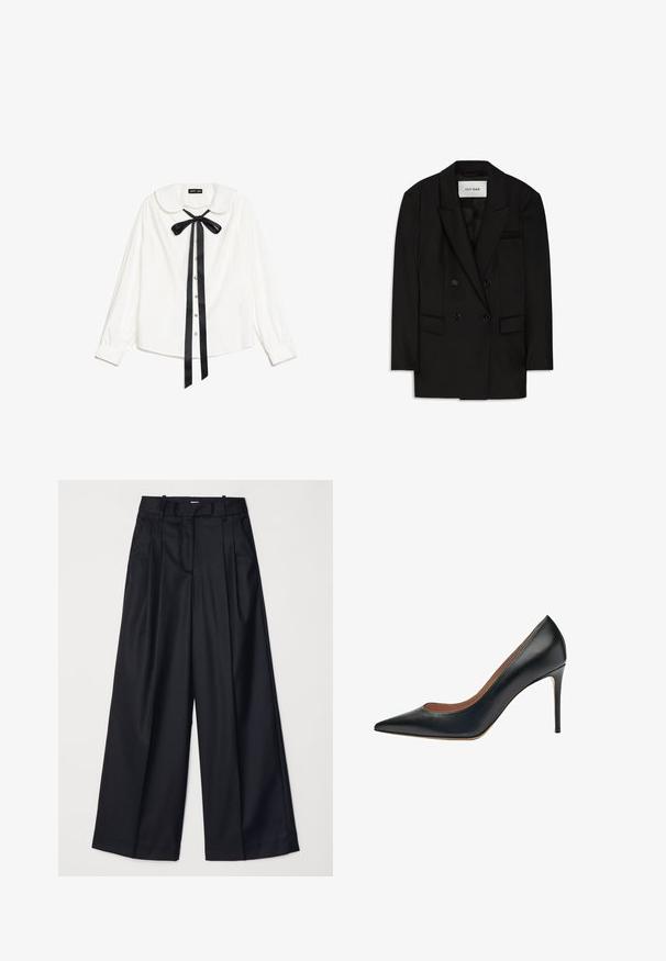 Blazer negro de doble botonadura hecho de una tela suave, con cuello de muesca, dos bolsillos frontales y un bolsillo en el pecho con un diseño elegante.; Blusa blanca de manga larga con cuello Peter Pan, lazo de satén negro en el cuello y botones de perla en la parte delantera.; Pantalones de pierna ancha negros, confeccionados en una tela suave, con una cintura alta, pliegues y un diseño ajustado. Accesorios sencillos en negro en la cintura.; Scarosso GRETA - Zapatos altos - black calf