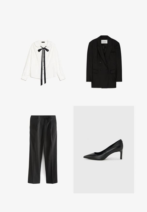 Čierny dvojradový blazer z hladkého materiálu, s vystúpeným golierom, dvoma prednými vreckami a vreckom na hrudi s elegantným dizajnom.; Biela blúzka s dlhým rukávom a golierom Peter Pan, čierna saténová mašľa na krku a predné perlové gombíky.; Čierne nohavice s rovnými nohavicami vyrobené z hladkej látky, so zúženými prednými vreckami a plochým pásom. Minimalistický dizajn, bez viditeľných vzorov.; Čierny kožený lodička s ostrou špičkou a tenkým, stredne vysokým opätkom na jednoduchom svetlosivom pozadí.