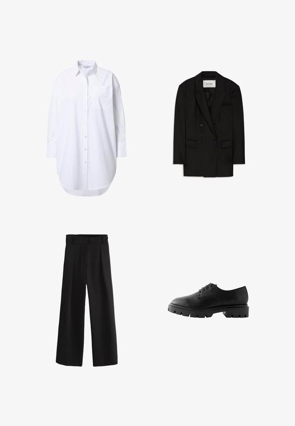 Sort dobbeltbrystet blazer lavet af glat stof, med slagkrave, to forlommer og en brystlomme med et elegant design.; Overdimensioneret hvid skjorte med lange ærmer, spidst krave, forlommer og let buet nederkant.; Sorte bukser med vid ben, elastisk linning og bæltestropper, der har en glat forside og løs pasform.; Sorte lædersko med rund tå, seks snørrehuller, flade snørebånd og en kraftig gummisål med dybe mønstre.