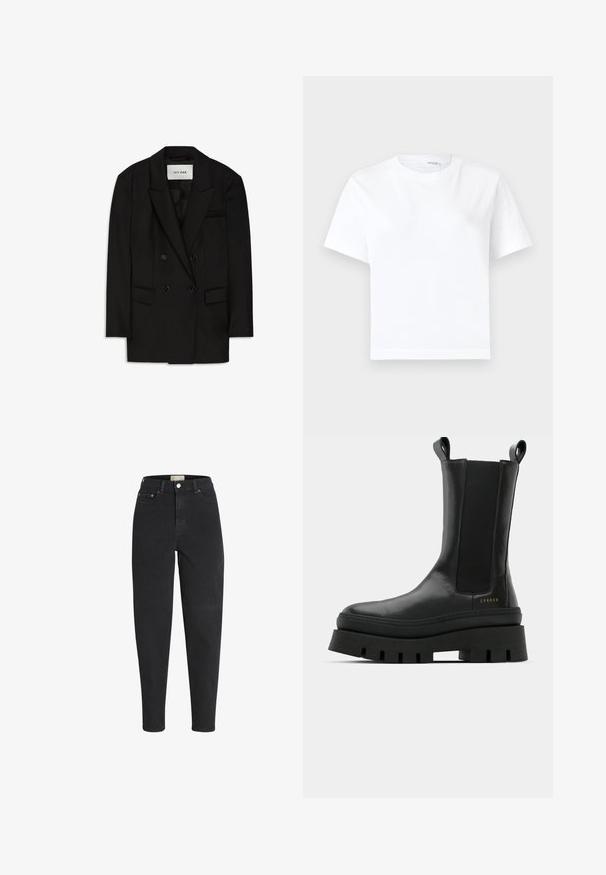 Schwarzer zweireihiger Blazer aus glattem Stoff, mit Reverskragen, zwei vorderen Taschen und einer Brusttasche in einem eleganten Design.; Einfaches weißes kurzärmeliges Baumwoll-T-Shirt mit rundem Ausschnitt und geradem Saum, dargestellt auf weißem Hintergrund.; Schwarze Jeans mit hohem Bund, schmal zulaufendem Bein, vorderem Knopf- und Reißverschluss, Vorder- und Gesäßtaschen sowie Metallnieten-Details.; Schwarze Knöchelstiefel mit einer glatten Lederoberfläche, elastischen Seitenpaneelen und einer klobigen, strukturierten Plateausohle, die ein Logodetail aufweist.