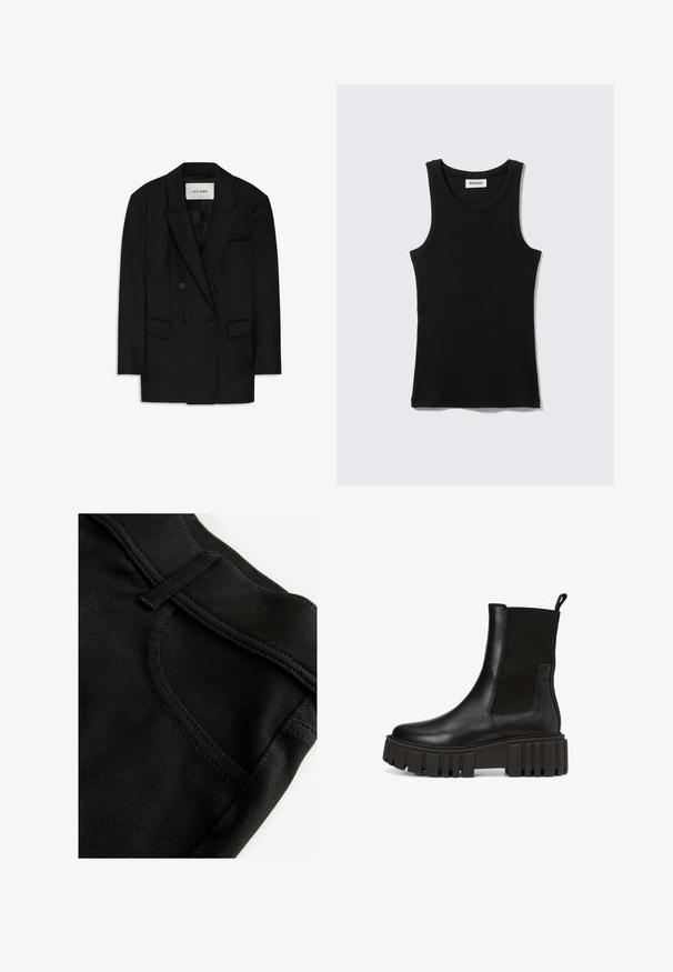 Zwarte double-breasted blazer van glanzende stof, met een gesneden kraag, twee voorkruiken en een borstzak met een strakke uitstraling.; Zwart katoenen tanktop met een ronde halslijn en smalle bandjes. Eenvoudig ontwerp, zonder patronen of accenten zichtbaar.; Zwart denim stof met een gestructureerd oppervlak, voorzien van een voorzak, riemlussen en gestikte details langs de randen.; Zwarte leren enkellaarzen met een chunky platformzool en elastische zijpanelen voor eenvoudig aan- en uittrekken. Subtiele branding aan de zijkant.