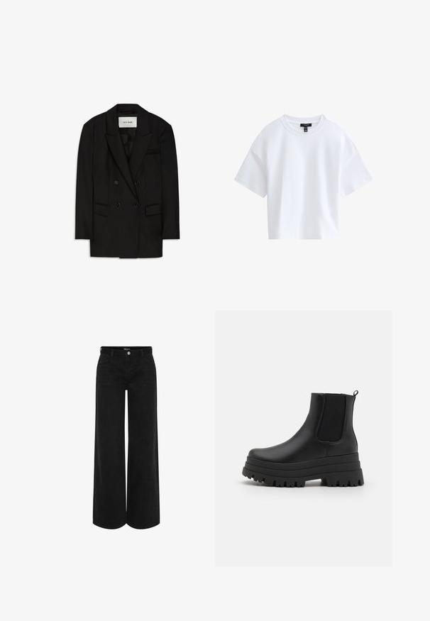 Blazer negro de doble botonadura hecho de una tela suave, con cuello de muesca, dos bolsillos frontales y un bolsillo en el pecho con un diseño elegante.; Camiseta blanca sencilla de manga corta y corte cropped con escote redondo y etiqueta negra de la marca dentro del cuello.; Pantalones de mezclilla negros de pierna ancha con cintura alta, que cuentan con un cierre frontal con botón, dos bolsillos laterales y un diseño clásico de cinco bolsillos.; Botas Chelsea negras con suela de plataforma gruesa, parte superior de cuero suave, paneles laterales elásticos y una pestaña en la parte trasera para ponérselas fácilmente.