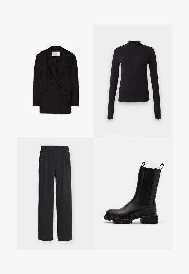 Blazer noir à double boutonnage en tissu lisse, doté d'un col cranté, de deux poches avant et d'une poche poitrine au design élégant.; Haut noir ajusté à manches longues avec col montant, présenté sur un fond gris clair uni.; Pantalon noir taille haute à jambes larges avec passants de ceinture et plis devant, présenté sur un fond blanc uni.; Bottine en cuir noir à panneaux élastiques sur les côtés, semelle en caoutchouc épaisse et tirants. Présente un logo subtilement embossé sur le côté.