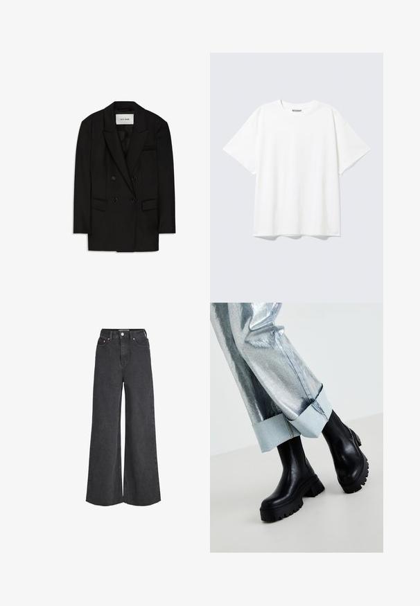 Sort dobbeltbrystet blazer lavet af glat stof, med slagkrave, to forlommer og en brystlomme med et elegant design.; Hvid T-shirt med korte ærmer og rund halsudskæring med en afslappet pasform og et "WEEKDAY" mærke på indersiden af nakken bagtil.; Sorte jeans med høj talje og vide ben, lukkes foran med knap og lynlås, forlommer og frynset kant.; Sorte chunky ankelstøvler med teksturerede såler, iført sølvmetallic bukser med en lys denimopretning. Minimalistisk design, slanke materialer.