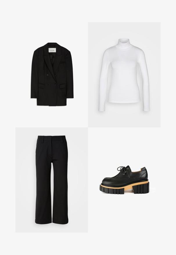 Zwarte double-breasted blazer van glanzende stof, met een gesneden kraag, twee voorkruiken en een borstzak met een strakke uitstraling.; Witte langemouwen turtle neck shirt van een soepel, rekbaar stof. Heeft een strakke pasvorm en een hoge kraag. Geen zichtbare patronen of accenten.; Zwarte wijde broek gemaakt van soepel stof. Kenmerkt zich door een vlakke voorkant, ceintuurlussen en een nette zoom zonder zakken of zichtbare sluitingen.; Zwarte leren schoen met een ronde neus, vetersluiting, stevige houten platform en dikke zwarte rubberen zool met verticale groeven.