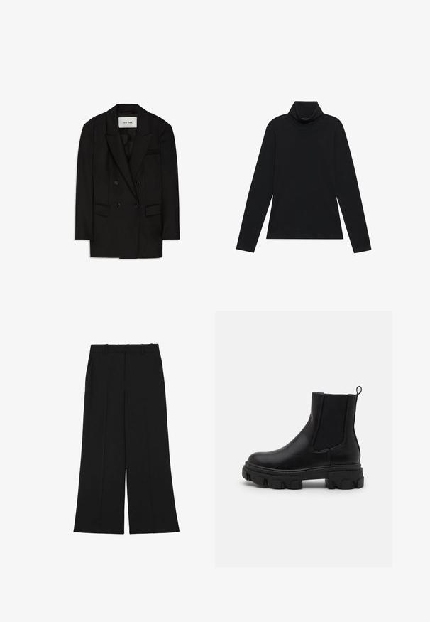 Čierny dvojradový blazer z hladkého materiálu, s vystúpeným golierom, dvoma prednými vreckami a vreckom na hrudi s elegantným dizajnom.; Čierny dlhý rukáv s rolákom. Mäkko tkaniny, priliehavý strih, vysoký golier a bočné švy. Jednoduchý a všestranný štýl vhodný na vrstvenie.; Čierne široké nohavice z hladkej látky. Majú vysoký pás, dvojité záhyby na prednej strane a pútka na opasok. Bez viditeľných vreciek alebo ozdôb.; Čierne kožené členkové topánky s elastickými bočnými panelmi, robustnou gumovou podrážkou a pútkom na obúvanie. Majú hladký povrch a výrazný dezén.