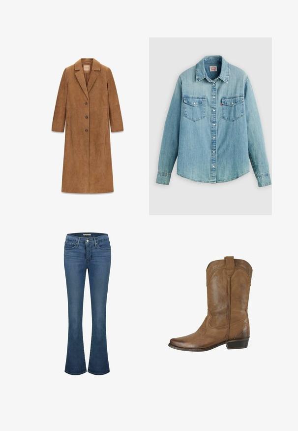 Lang brun ruskindfrakke med reverskrave og tre forreste knapper, designet til en afslappet pasform.; Lyseblå denimskjorte med klassisk krave, knaplukning foran, to brystlommer og manchetter med knap samt en let buet kant forneden.; Blå denim flare jeans med en mid-rise talje, har stikninger, to frontlommer og en baglomme.; Brun læder cowboystøvle til midt på læggen med dekorative syninger, rund tå, trækstrop øverst og lav stablet hæl.
