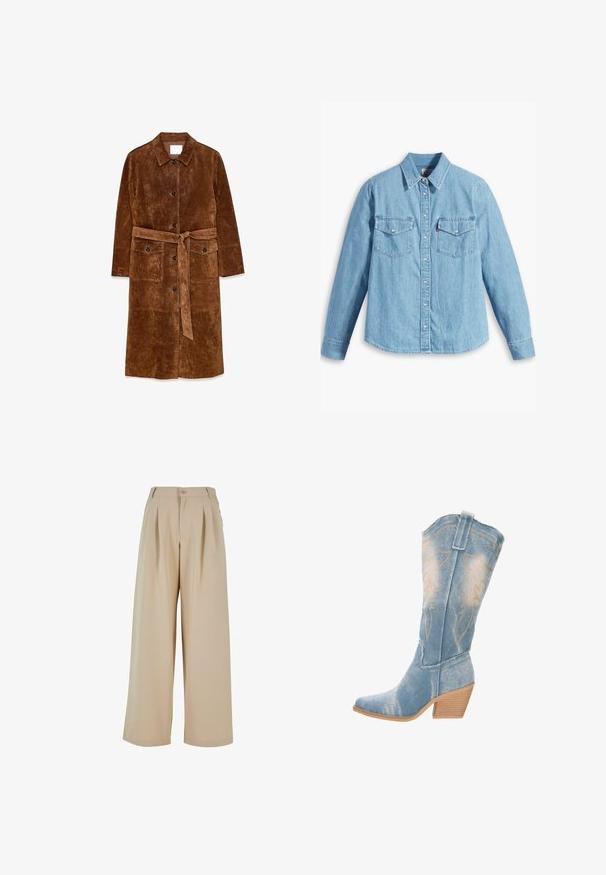 Bruine suède lange jas met kraag, knopen aan de voorkant, twee klepzakken aan de voorkant en een gestrikte tailleriem.; Lichtblauwe spijker blouse met lange mouwen, puntige kraag, twee borstzakken, knoopsluiting en subtiele textuur. Geen zichtbare patronen.; Beige wijde broek met geplooide voorkant, knoopsluiting en een gladde textuur. Kenmerkt zich door een op maat gemaakte tailleband en zijzakken.; Leren cowboylaarzen in lichtblauw met een spitse neus, textuur op de bovenkant en decoratieve gouden stiksels. Licht gebogen houten hak.