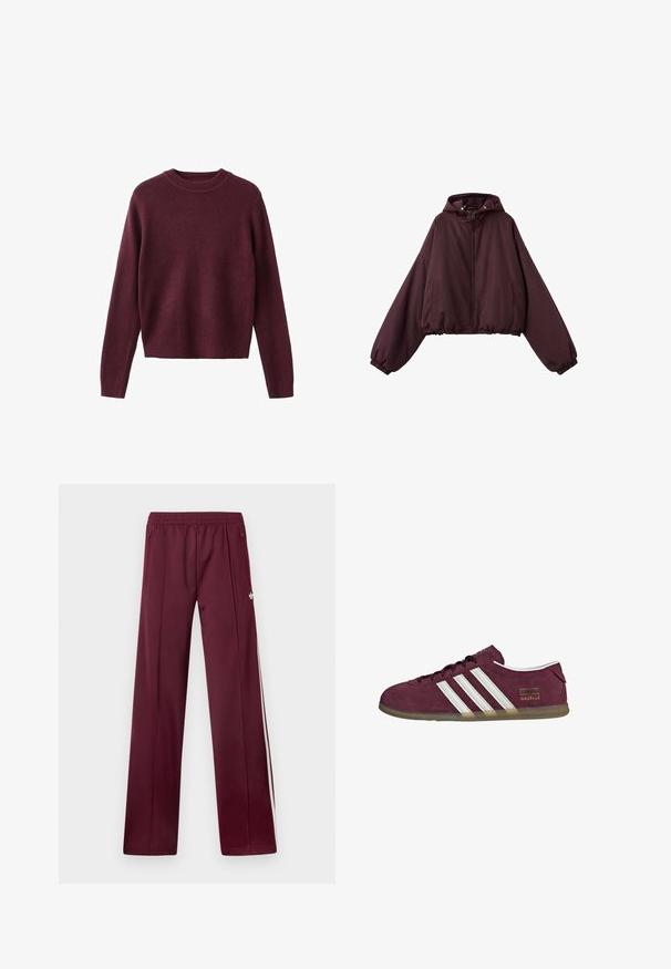 Chaqueta con capucha de color púrpura oscuro, manga larga, cremallera frontal, bolsillos laterales y puños y dobladillo elásticos.; Suéter de punto de manga larga y cuello redondo en burdeos oscuro, con puños y dobladillo acanalados, exhibido sobre un fondo blanco.; Pantalones deportivos burdeos con cinturilla elástica, bolsillos laterales con cremallera, rayas blancas a los lados y un pequeño logotipo blanco de Adidas en el muslo derecho.; Zapatilla de ante color granate con detalles de rayas blancas, punta redonda y suela de goma color natural. Tiene una etiqueta con el logo en el lado exterior.