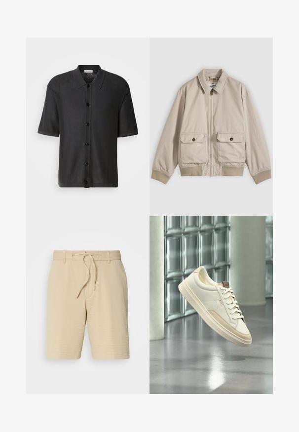 Beige jas met ritssluiting, puntige kraag, twee voorzakken met knopen en geribbelde manchetten en zoom, plat gelegd op een witte achtergrond.; Zwart shirt met korte mouwen, gemaakt van een mesh-textuur, met knopen aan de voorkant en een kraag. Heeft een soepele zoom en subtiele branding aan de onderkant.; Beige shorts van gestructureerde stof, met een elastische tailleband met trekkoord en zijzakken voor functionaliteit.; Witte lage sneaker met beige accenten en veters, met het merk "BOSS", zwevend boven een gepolijste vloer met een glasblokken muur op de achtergrond.