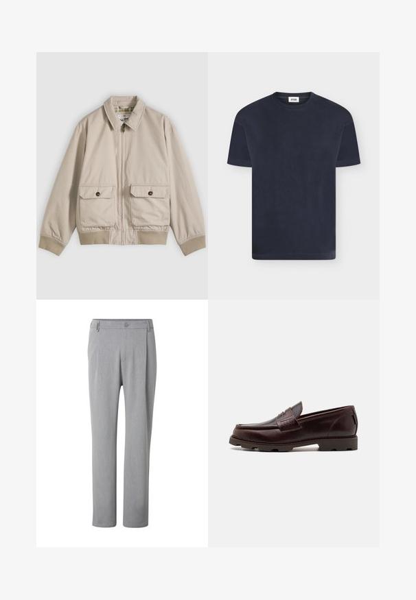 Beige lynlåsjakke med spids krave, to forlommer med knapklapper og ribstrikkede manchetter og kant, lagt fladt på en hvid baggrund.; Enkelt mørk marineblå kortærmet t-shirt med rund halsudskæring og en lille hvid mærkeetiket inde i kraven på en lys baggrund.; Lysegrå bukser med lige ben, knap og bæltestropper, vist forfra mod en hvid baggrund.; Brune læder loafer med en mokkasinstil overdel, tekstureret syning og en robust sål med multidirektionale dæk.