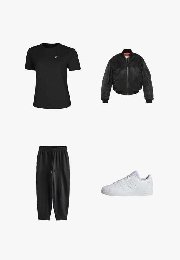 Sort bomberjakke lavet af skinnende nylon, med ribbede cuffs og nederkant, orange foring og flere lommer, herunder en lomme på armen med lynlås.; Sort atletisk T-shirt lavet af glat stof, med rund halsudskæring og korte ærmer. Indeholder et reflekterende logo på venstre front.; Sorte sweatpants med taperet pasform, elastisk talje og snøre, med sømdetaljer foran og afslappet pasform.; Hvid Adidas lavsko med snørebånd, perforerede striber på siden og en struktureret gummisål.