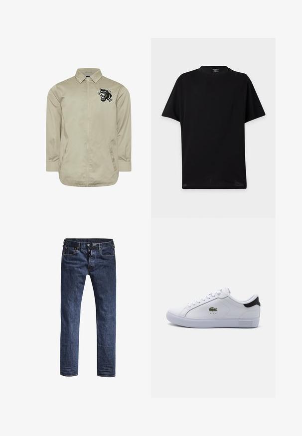 Beige lynlåstrøje med krave, to sidelommer og et sort panterhoved-logo på venstre bryst.; Ensfarvet sort T-shirt med korte ærmer og rund hals uden synlige logoer eller designs vist mod en lys baggrund.; Mørkeblå denim jeans med slim fit, fem lommer og en standard taljehøjde. Har synlige syninger og metal hardware detaljer.; Hvide lædersneakers med en glat overflade, rund tå, snørebånd foran, grønt krokodillelogo og en sort detalje ved hælen.