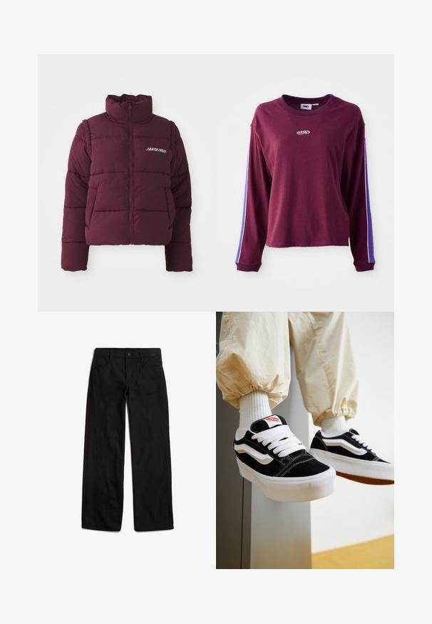 Bordeaux kleurige pufferjack met hoge kraag, ritsluiting en horizontaal gestikt ontwerp. Bevat het witte "SANTA CRUZ" logo op de borst.; Bordeaux langemouwen shirt van katoen, met blauwe en witte strepen langs de mouwen en een logo in het midden. Normale pasvorm.; Zwarte denim broek met een rechte pijp, voor sluiting met knoop en een ontwerp met vijf zakken. Soepele textuur en minimale stikseldetails.; Persoon die zwart-witte Vans sneakers draagt met witte veters, witte sokken en beige broek met elastische manchetten.