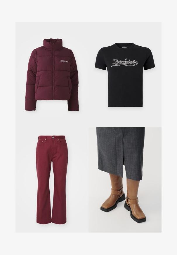 Bordeaux kleurige pufferjack met hoge kraag, ritsluiting en horizontaal gestikt ontwerp. Bevat het witte "SANTA CRUZ" logo op de borst.; Zwart T-shirt met korte mouwen en ronde hals, met een wit "Dickies"-schriftlogo in het midden van de borst.; Bordeaux wijd-uitlopende jeans van denim, met een knoopsluiting aan de voorkant, riemlussen en twee voorzakken. Glad oppervlak met minimale stiksels.; Bruine leren kniehoge laarzen met een vierkante neus, zwarte rubberen zool en verstelbare gespsluiting. Draagt bij een grijze streeprok.