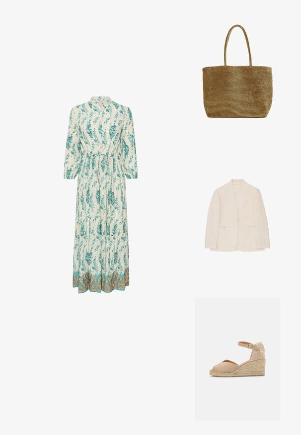 Cremefarbener Damenblazer mit einKnopf-Verschluss, zwei vorderen Schlitztaschen und kragenlosem Ausschnitt, auf weißem Hintergrund dargestellt.; Langes, leichtes Kleid mit floralem Muster in Türkis und Weiß. Es hat einen hohen Ausschnitt, lange Ärmel und einen dekorativen goldenen Saum.; Castañer BIANCA - Espadrille - sand; Gewebte Einkaufstasche aus Naturfasern mit zwei langen Griffen, rechteckiger Form und offenem Oberteil, geeignet zum Tragen von Gegenständen.
