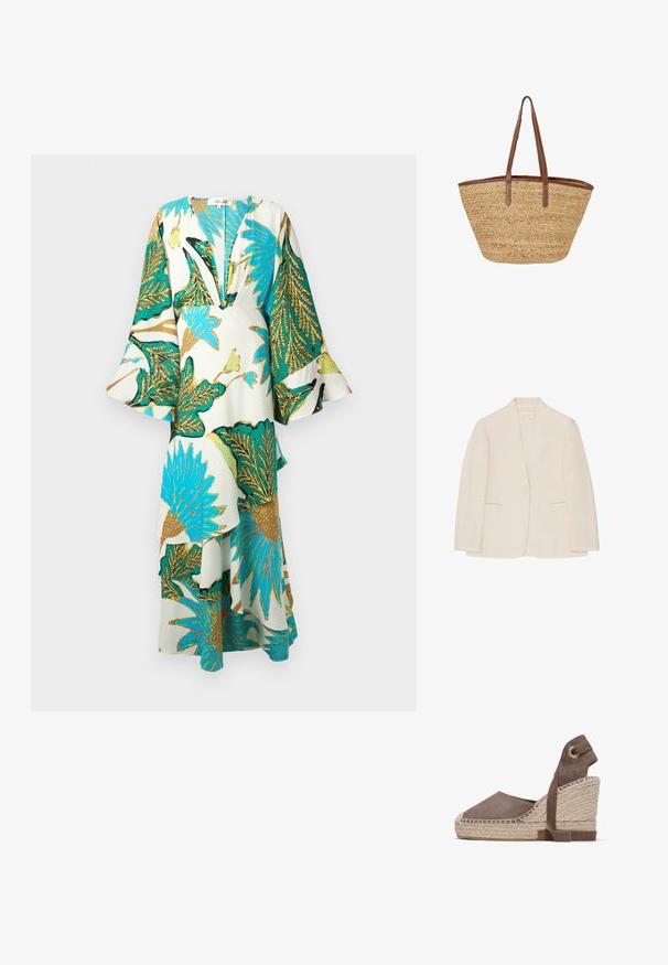 Blazer para mujer de color crema con cierre de un solo botón, dos bolsillos frontales con abertura y cuello sin muesca, exhibido sobre un fondo blanco.; Vestido largo y suelto con un profundo escote en V, mangas acampanadas y vibrantes patrones de hojas tropicales en tonos de teal, dorado y verde sobre un fondo claro.; Zapato de cuña de ante marrón con suela de yute, correa en el tobillo y altura de tacón de aproximadamente 6 cm.; Bolsa tote de paja tejida con cuerpo ancho y estructurado y asas y ribetes de cuero marrón, diseñada para llevar al hombro.