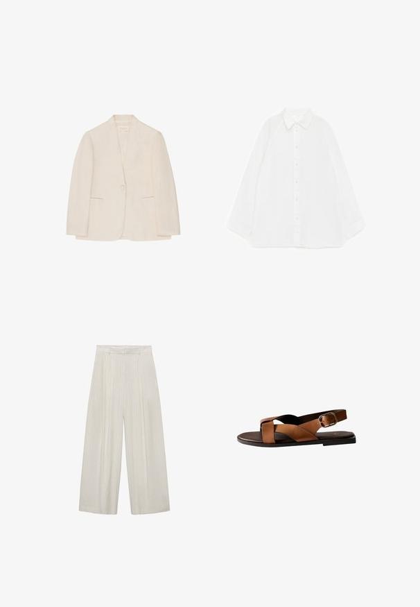 Blazer para mujer de color crema con cierre de un solo botón, dos bolsillos frontales con abertura y cuello sin muesca, exhibido sobre un fondo blanco.; Camisa blanca de manga larga con botones y cuello puntiagudo, extendida sobre un fondo blanco, mostrando la vista frontal.; Pantalones de pierna ancha en beige claro con rayas verticales blancas. Con cintura alta, frente plisado y textura suave.; Sandalia plana de cuero marrón con tiras entrecruzadas, hebilla ajustable y suela negra, mostrada en perfil lateral sobre fondo blanco.