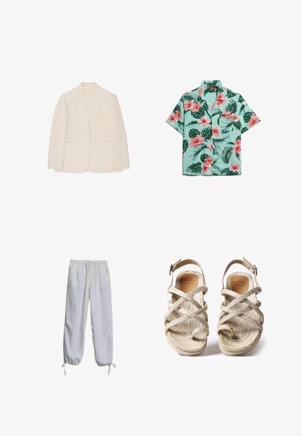Blazer para mujer de color crema con cierre de un solo botón, dos bolsillos frontales con abertura y cuello sin muesca, exhibido sobre un fondo blanco.; Camisa de manga corta con botones, con fondo azul claro, flores de hibisco rosas y hojas verdes; detalle de bolsillo delantero.; Pantalones casuales gris claro con cintura elástica, bolsillos delanteros y cordones ajustables en los puños de los tobillos, mostrados sobre un fondo blanco.; Sandalias tejidas en color beige con diseño de tiras cruzadas, fabricadas con fibras naturales texturizadas, que cuentan con una suela plana y una correa ajustable en el tobillo.