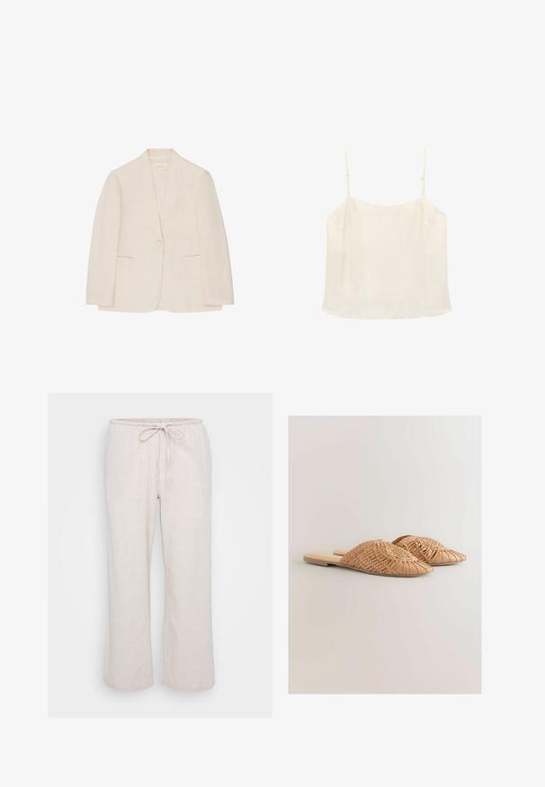 Blazer para mujer de color crema con cierre de un solo botón, dos bolsillos frontales con abertura y cuello sin muesca, exhibido sobre un fondo blanco.; Top de camisola sin mangas de color crema con tirantes finos ajustables y escote recto sobre un fondo blanco.; Pantalones de tejido ligero en beige claro, con cinturilla elástica y cordón. Silueta holgada y de pierna ancha con un sutil patrón texturizado.; Sandalias deslizantes de cuero trenzado en color marrón claro, con un diseño de parte superior trenzada de gran tamaño y una suela plana. La punta afilada aporta un aspecto elegante.