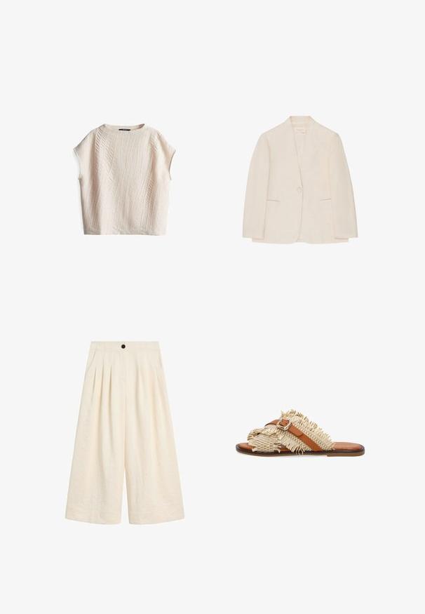 Crèmekleurig damesblazer met enkele knoopsluiting, twee voorzakken met openingen en kraag zonder inkeping, weergegeven op een witte achtergrond.; Kortärmelig top in crèmekleur met een gestructureerd golfpatroon; losse pasvorm en ronde hals; gemaakt van lichtgewicht stof.; High-waist, wijde crèmekleurige korte broek met voorvouwen, zijzakken, knoopsluiting en een gladde stoftextuur.; Platte open-toe sandaal met gevlochten beige franjestraps en een bruine leren verstelbare gesp op een bruine zool.