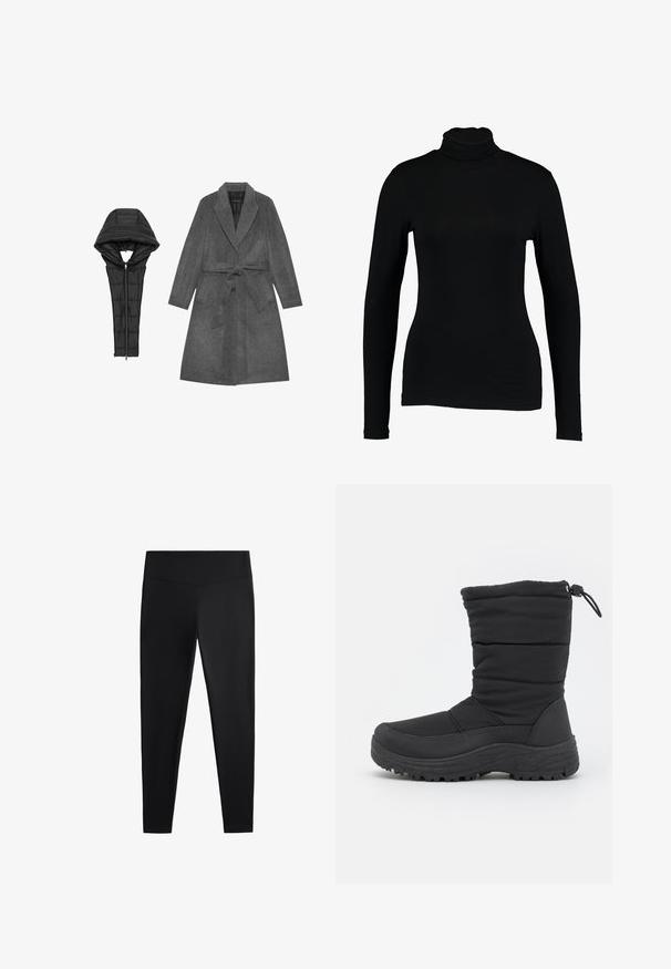 Manteau en laine gris avec une ceinture, grands revers et deux poches avant, associé à une capuche et un col en duvet noir amovibles.; T-shirt noir à manches longues et col roulé en tissu lisse, avec une coupe ajustée et un col haut, idéal pour les superpositions ou à porter seul.; Leggings noirs en tissu lisse et extensible. Dotés d'une taille large et d'un design de jambe fuselée, adaptés pour une utilisation active ou décontractée.; Botte d'hiver isolée noire avec une tige rembourrée, semelle en caoutchouc et un système de fermeture à cordon en haut. Design texturé pour une meilleure adhérence.