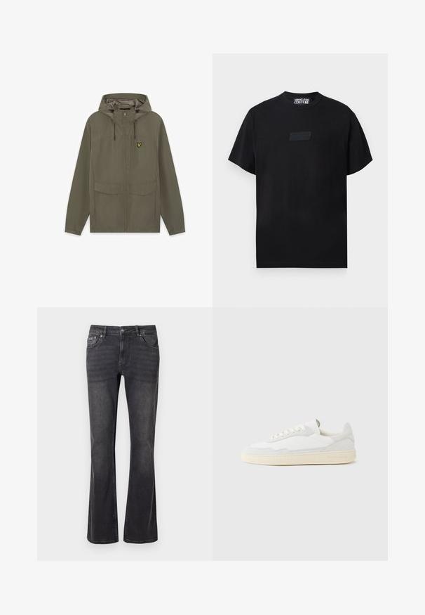 Lyse olivengrøn hættejakke med forreste lynlås, to lommelåg og lille gul fuglelogo på brystet.; Sort kortærmet T-shirt med rund hals og diskret sort prægning af Versace Jeans Couture-logo på brystet.; Sorte denimbukser med en flared design, fem lommer og metalknaplukning. Stoffet har en glat tekstur med subtil slid.; Hvid sneakers med en øvre del i tekstureret ruskind og læder. Har rundet tå, snørelukning og kontrasterende beige gummisål.