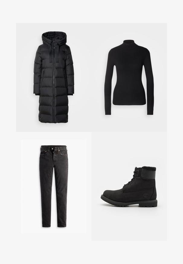 Sort lang pufferjakke med hætte, der har en frontlynlås, to sidelommer og ribbede manchetter. Lavet af glat, quiltet stof.; Sort turtleneck sweater lavet af let strikket stof. Har lange ærmer, et tætsiddende design og en blød ribbet tekstur.; Sorte denim jeans med lige ben, der har fem lommer, kobberhardware og en let slidte måde.; Sorte læder ankelstøvler med rund tå, snørelukning foran, imitation pelskrave og gummisål. Har et mærket logo på siden.