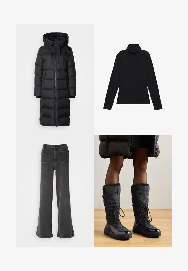 Zwarte lange pufferjas met een capuchon, voorzien van een rits aan de voorkant, twee zijzakken en geribbelde mouwen. Gemaakt van glanzende, gewatteerde stof.; Zwarte langetermijn turtleneck. Zachte stof, getailleerd design, hoge kraag en zijnaad. Eenvoudige en veelzijdige stijl die geschikt is voor het laagjes dragen.; Hoge taille, wijd-uitlopende zwarte jeans gemaakt van denim, met een knoopsluiting, riemlussen en twee achterzakken met gestikte accenten.; Zwarte pufferlaarzen tot de knie met nepbontafwerking, glanzend waterdicht bovenwerk, textuurzool en verstelbare veters.