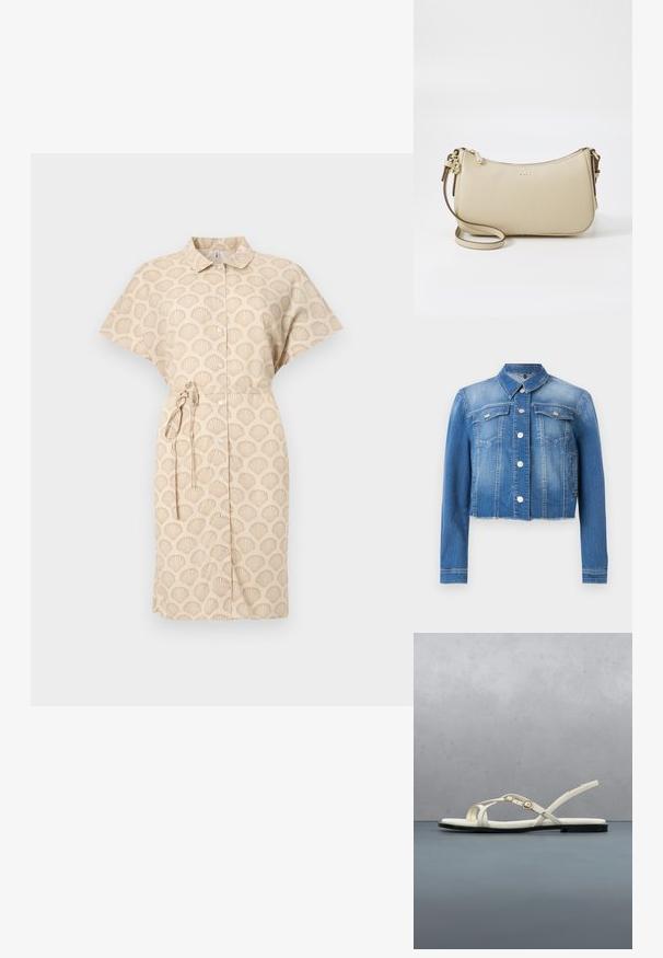 Lyseblå cropped denimjakke med metalknapper, to brystlommer med klap, lange ærmer og en let frynset kant.; Beige kjole med et muslingen mønster, korte ærmer, knaplukning fortil og et bælte i taljen. Fremstillet af letvægtsstof.; Hvid flad sandal med stropper og ankelspænde, der svæver over trægulv udendørs nær grønt område og grå stenvæg.; Beige læder crossbody taske med en buet form, gyldne metaldele, lynlås lukning, og en justerbar rem. "BOSS" logo prægede foran.