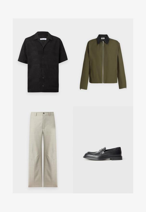 Veste vert olive avec col noir, fermeture éclair à l’avant et manches longues, présentée sur un fond gris uni.; Chemise noire en tricot à manches courtes avec boutons, rayures horizontales à tricotage ouvert à motifs et col style camp.; Pantalon formel beige clair à jambes droites, fermeture avec bouton et fermeture éclair, passants pour ceinture, présenté sur un fond blanc.; Mocassins en cuir noir avec une finition texturée, dotés d'une bride décorative à l'avant et d'un bout arrondi. Semelle en caoutchouc pour plus de durabilité.