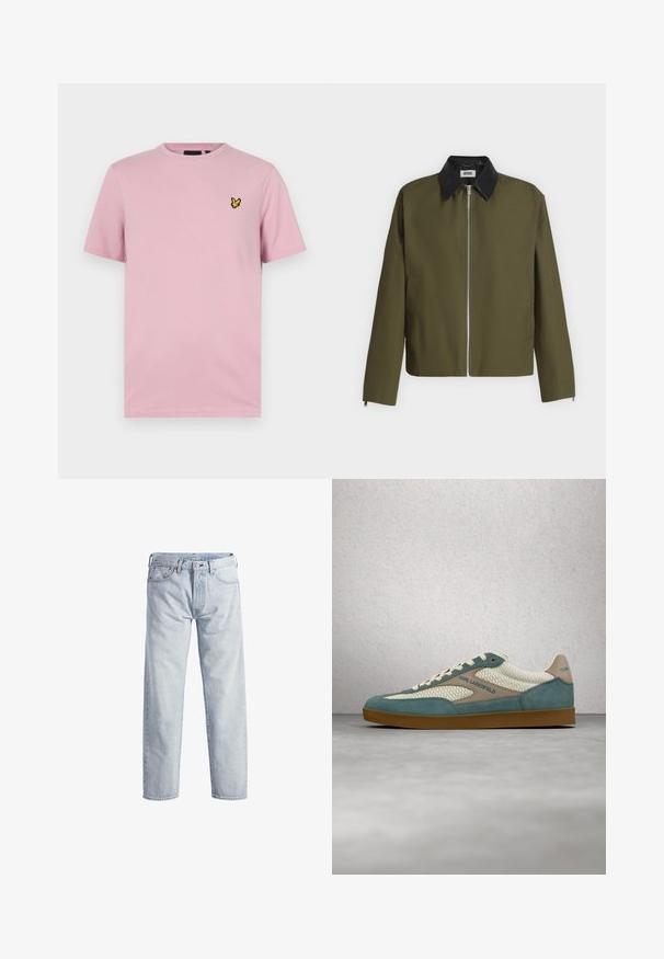 Oliven grøn jakke med sort krave, foran lynlås og lange ærmer, vist mod en ensfarvet grå baggrund.; Lyserød t-shirt med korte ærmer lavet af blødt stof, med et lille gult sommerfuglelogo broderet på venstre bryst.; Lys blå denim jeans med lige ben, knaplukning, fem lommer og subtilt falmet tekstur. Har metal hardware detaljer.; Casual sneaker med cremefarvet mesh, grønblå ruskindsdetaljer, beige detaljer, hvide snørebånd og gummisål, mærket med "KARL LAGERFELD" på siden.