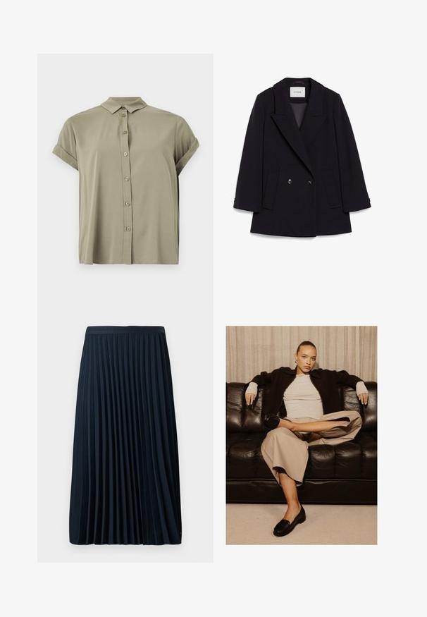 Donkerblauwe dubbelzijdige wollen jas met een op maat gemaakte kraag, klepzakken en manchetten met één knoop. Getextureerde stof met een gestructureerde pasvorm.; Korte mouwen, olijfgroen button-up shirt gemaakt van lichtgewicht stof, met een klassieke kraag en opgerolde mouwen.; Geplooide marineblauwe rok met een gestructureerde tailleband, gemaakt van een soepele stof, met gelijkmatig verdeelde verticale plooien en een lengte tot halverwege het kalf.; Vrouw met haar naar achter gebonden, draagt beige broek, wit overhemd en zwarte jas, zittend met gekruiste benen op een zwarte leren bank.