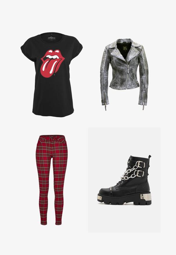 Veste en cuir grise usée avec des détails cloutés argentés sur les épaules, le col et les manches, fermeture éclair frontale et poignets zippés.; T-shirt noir en coton avec un motif graphique en rouge et blanc du logo des Rolling Stones représentant des lèvres et une langue sur le devant. Encolure ronde.; Jeans skinny à carreaux rouges avec une coupe ajustée, ornés de lignes jaunes et noires, avec une fermeture à bouton et des poches avant standard.; Koi Footwear SHACKLED SHADOWS HEAVY DUTY CHAIN - Bottines de cowboy / motard - black