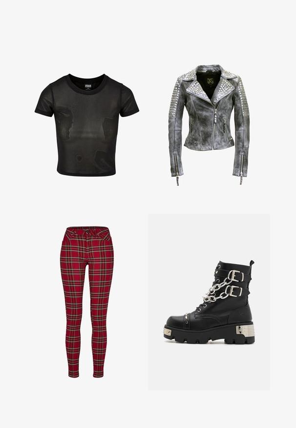 Versleten grijze leren jas met zilverkleurige studs op de schouders, kraag en mouwen, ritssluiting aan de voorkant en ritssluitingen aan de manchetten.; Zwarte cropped t-shirt gemaakt van sheer stof, met korte mouwen en een ronde hals. Gelaagde textuur en contrasterende effen afwerking.; Rode geruite skinny jeans met een aansluitend ontwerp, voorzien van gele en zwarte lijnen, een knoopsluiting en standaard voorkeurluizen.; Koi Footwear SHACKLED SHADOWS HEAVY DUTY CHAIN - Cowboy-/Bikerlaarsjes - black