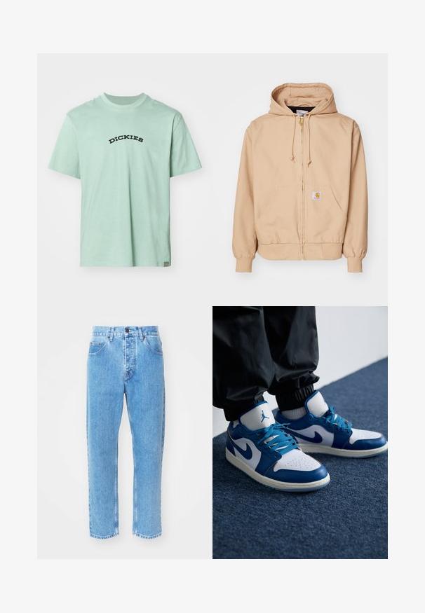 Sudadera con cremallera beige hecha de mezcla de algodón, con capucha ajustable, puños acanalados, dos bolsillos delanteros y un parche con el logotipo en el bolsillo izquierdo.; Camiseta de algodón verde claro con un logo en negro en forma curva de "DICKIES" en el frente. Cuello redondo clásico y mangas cortas. Diseño minimalista.; Los vaqueros de mezclilla azul claro presentan un diseño de pierna recta, cinco bolsillos y un clásico cierre de botón en la cintura.; Las zapatillas Nike Air Jordan cuentan con una base de cuero blanco con acentos sintéticos azules, una caja de dedos perforada y cordones azules.
