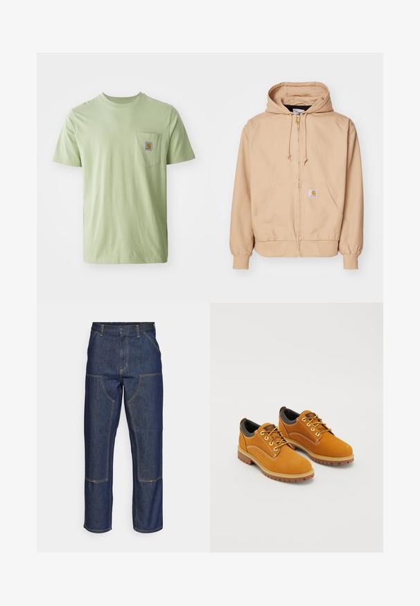 Sudadera con cremallera beige hecha de mezcla de algodón, con capucha ajustable, puños acanalados, dos bolsillos delanteros y un parche con el logotipo en el bolsillo izquierdo.; Camiseta de manga corta verde claro fabricada en tejido suave, con un bolsillo en el pecho que presenta un parche de logo cuadrado. Diseño sencillo y sin adornos.; Jeans de mezclilla azul oscuro con cintura alta, diseño de pierna recta, costuras contrastantes y bolsillos de parche en la parte delantera.; Zapatos de ante marrón con punta redonda, cordones amarillos, un collar acolchado negro y suelas de goma con surcos de tracción.