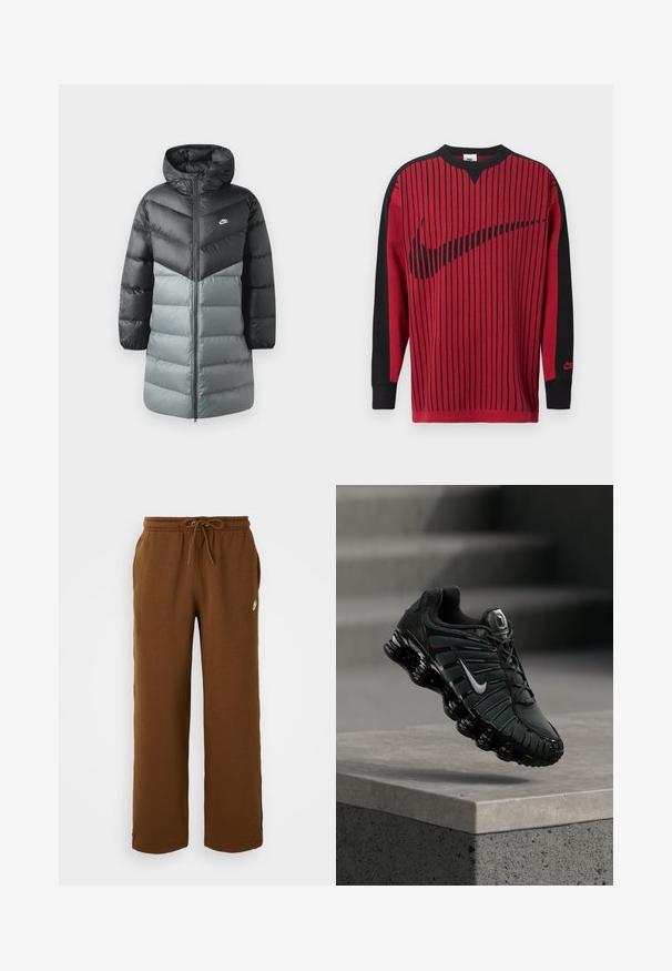Padded dlhý kabát so zafarbovaním v čiernej a sivej farbe, kapucňou, predným zipsom a logom Nike na ľavej hrudi. Hladká textúra.; Červená pletená mikina s čiernymi vertikálnymi pruhmi, čiernymi rukávmi a čiernym logom Nike. Má okrúhly výstrih a rebrované manžety.; Hnedé tepláky vyrobené z mäkkého materiálu, s elastickým pásom na šnúrku, bočnými vreckami a bielym logom na ľavej strane.; Čierna a tmavosivá bežecká obuv Nike s bielym logom swoosh zavesená nad betónovým okrajom a schodmi v pozadí.