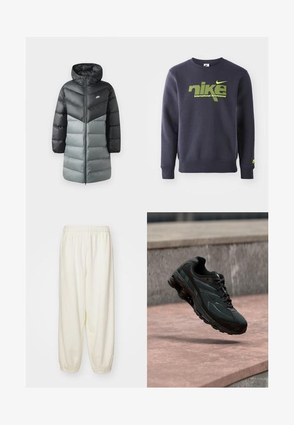 Polstret lang jakke med et farveblokdesign i sort og grå, hætte, lynlås foran og Nike-logo på venstre bryst. Glat tekstur.; Mørkeblå sweatshirt lavet af bomuldsblanding, med neongrøn logo og teksten "nike international sportswear" på brystet, ribbede manchetter og kant.; Cremefarvede sweatpants lavet af blødt stof, med en elastisk talje og tapered manchetter, i en afslappet pasform og uden synlige mønstre.; Sort atletisk sneaker med synligt luftdæmpende mellemsål, der svæver over en pink stenoverflade med en grå stenvæg i baggrunden.