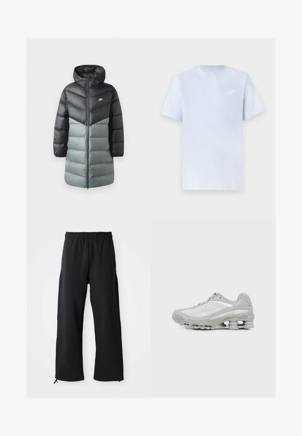 Polstret lang jakke med et farveblokdesign i sort og grå, hætte, lynlås foran og Nike-logo på venstre bryst. Glat tekstur.; Lyseblå bomulds t-shirt med korte ærmer, rund hals og et hvidt Nike-logo trykt på venstre bryst. Glat tekstur, simpelt design.; Sorte bukser med brede ben lavet af blødt stof, med elastisk talje og snøre, sidelommer og en glat overflade.; Grå og hvid atletiksko med mesh-paneler, snørelukning og en unik fjedrende sål til stødabsorbering og støtte.