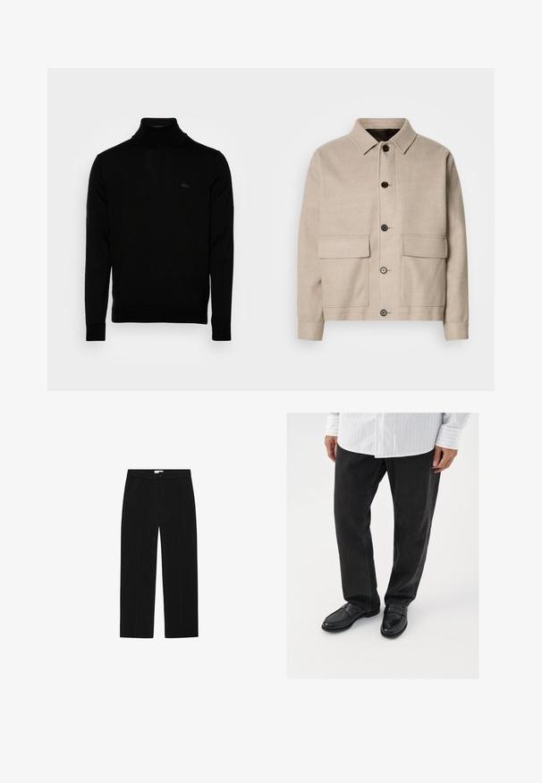 Lys beige uldjakke med krave, fire forlommer og mørke knapper. Har en struktureret, afslappet pasform og glat tekstur.; Sort turtleneck sweater, ribbet tekstur, lange ærmer, tætsiddende design, diskret Lacoste-logo på brystet, materialet er af mellemvægtigt strik.; Sorte bukser med lige ben lavet af glat stof. Har to sidelommer og en flad front med centrale folder for et skræddersyet look.; Sorte denimbukser parret med skinnende sorte loafers. Skjorten er hvid med tynde lodrette striber, har lange ærmer og en knapkrave.