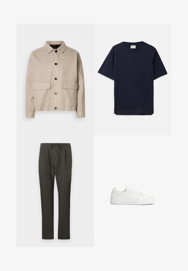 Veste en laine beige clair avec un col, quatre poches avant et des boutons foncés. Présente une coupe structurée et décontractée ainsi qu'une texture lisse.; T-shirt en coton bleu marine à manches courtes, col rond et coupe décontractée. L'étiquette indique "CLOSED" au niveau du col. Texture lisse.; Pantalons en lin gris foncé avec taille à cordon. Design à jambe droite, tissu léger, peu de détails, et texture lisse.; Baskets basses en cuir blanc à lacets à l’avant et semelle texturée, vues de profil sur un fond blanc uni.