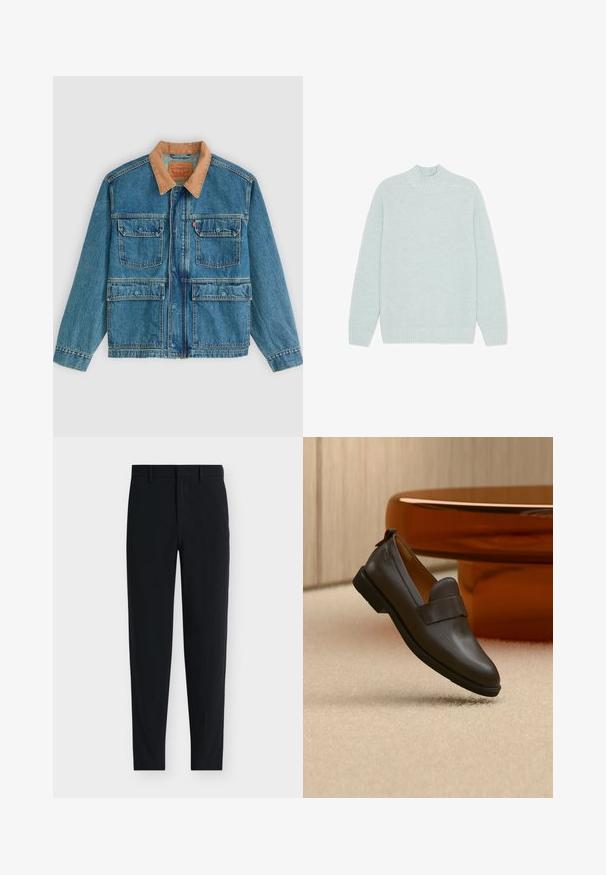Veste en jean bleue avec quatre poches avant à rabat et un col en velours côtelé marron, présentée sur un fond clair uni.; Pull en tricot bleu clair avec un col haut, des poignets et un ourlet côtelés. Présente un motif texturé avec une coupe ample.; Pantalon noir cintré sur mesure avec passants de ceinture et fermeture avant dissimulée, présenté sur fond blanc.; Mocassin en cuir marron foncé avec un petit talon flottant au-dessus d'un tapis beige, à côté d'une table brillante, arrondie et de couleur ambre.
