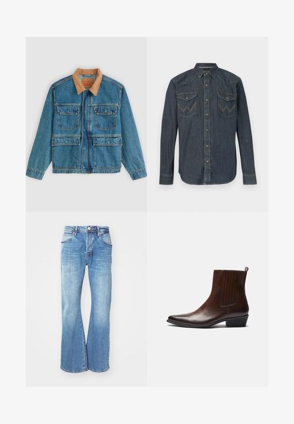 Blaue Jeansjacke mit vier vorderen Klappentaschen und braunem Cordkragen, dargestellt vor hellem einfarbigem Hintergrund.; Dunkelblaue Jeansbluse mit langen Ärmeln, Druckknöpfen, spitzem Kragen und zwei vorderen Klappentaschen mit gesticktem "W"-Design.; Helleblaue Denim-Jeans mit einem ausgestellten Design, das einen klassischen Fünf-Taschen-Stil, einen Reißverschluss und kontrastierende Nähte entlang der Nähte aufweist.; Braune Leder-Ankle-Boots mit spitzer Spitze, elastischen Seitenteilen, strukturierten Details auf der Vorderseite und einem niedrigen, gestapelten Absatz.
