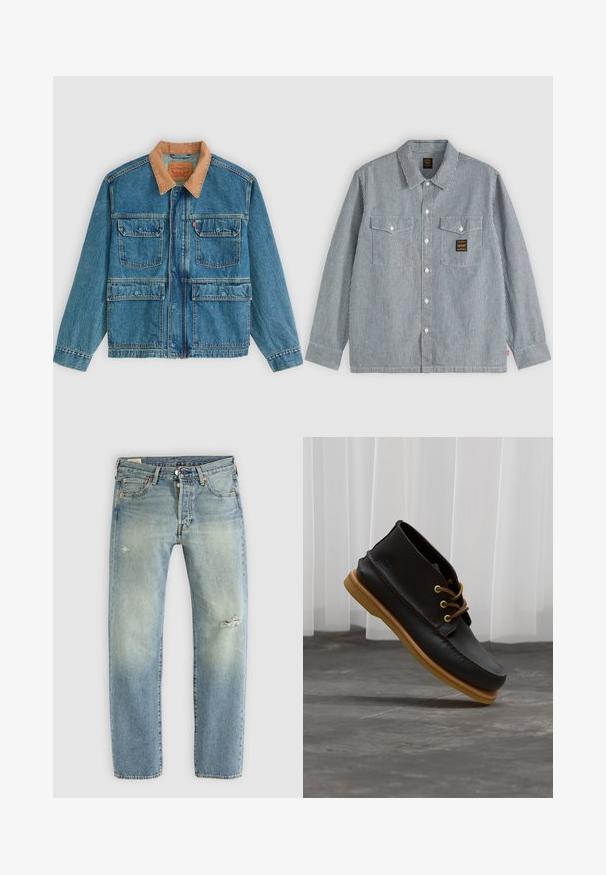 Veste en jean bleue avec quatre poches avant à rabat et un col en velours côtelé marron, présentée sur un fond clair uni.; Chemise à manches longues boutonnée avec fines rayures verticales noires et blanches, deux poches avant à rabats et un petit patch noir sur la poche droite.; Jean en denim bleu clair avec une coupe droite, cinq poches, fermeture à boutons et petites déchirures sur la cuisse gauche et le genou droit.; Chaussures en cuir noir avec une finition lisse, bout rond, lacets marron et semelles en caoutchouc marron clair. Logo embossé sur le côté.