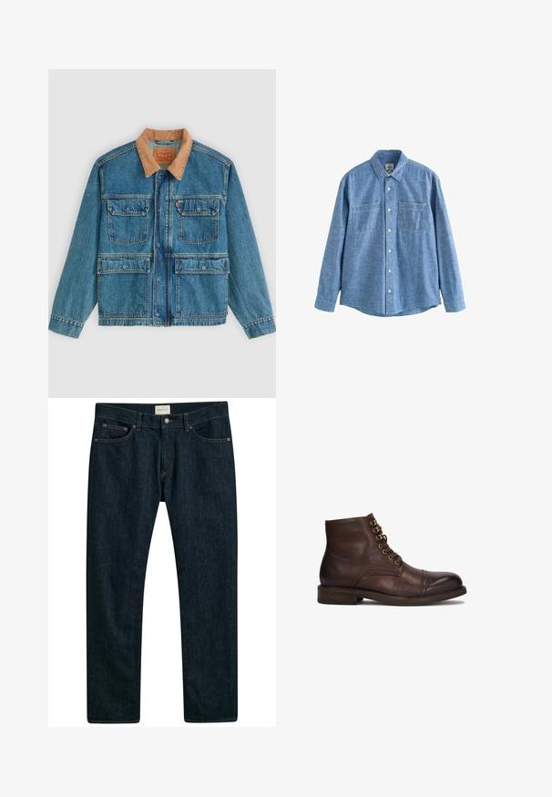 Blauwe spijkerjas met vier voorzakken met klep en een bruine ribfluwelen kraag, weergegeven tegen een effen lichte achtergrond.; Blauw chambray overhemd met lange mouwen, knoopsluiting aan de voorkant en twee borstzakken, plat gelegd op een witte achtergrond.; Donkerblauwe denim jeans met een recht model, vijf zakken en contrasterende stiksels op de naden. Gladde stofstructuur.; Kazar CYMONN - Veterboots - brown