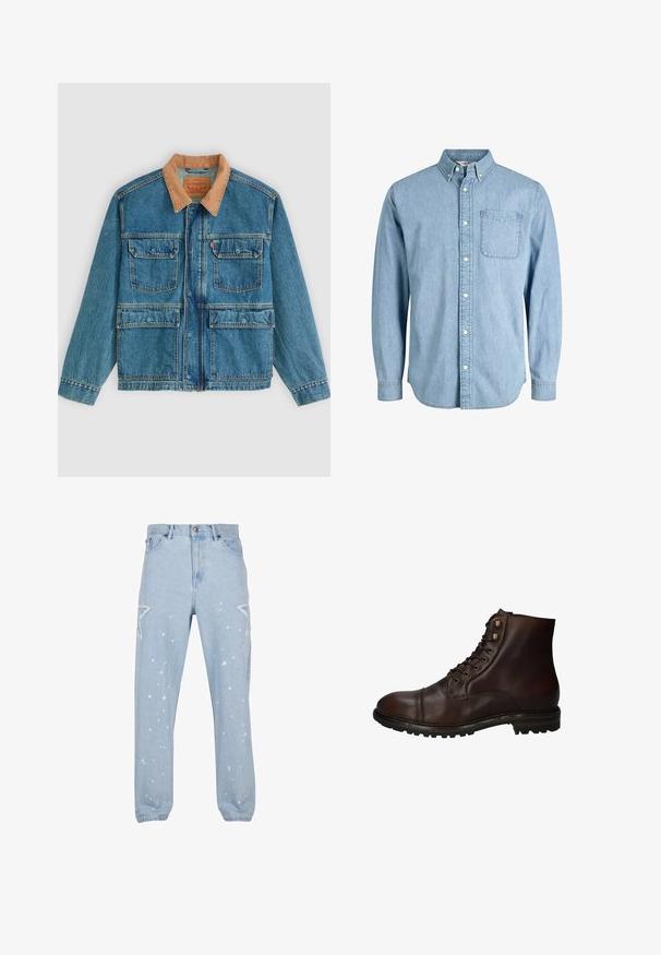 Chaqueta vaquera azul con cuatro bolsillos frontales con solapa y un cuello de pana marrón, mostrada sobre un fondo claro y liso.; Camisa de mezclilla azul claro con botones, manga larga, cuello, bolsillo delantero y una textura sutil. Cuenta con botones blancos a lo largo de la tapeta.; Jeans de mezclilla azul claro con un ajuste relajado, que cuentan con recortes en forma de estrella, manchas de pintura y un diseño clásico de cinco bolsillos.; Bota de tobillo de cuero marrón oscuro con cordones, suela de goma resistente y ojales de metal, vista desde el lado exterior.