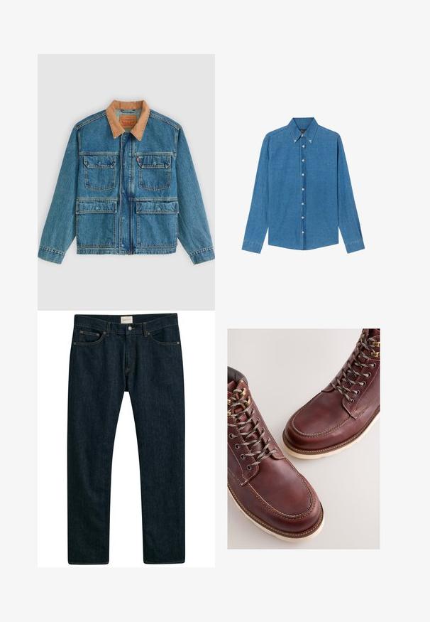 Blaue Jeansjacke mit vier vorderen Klappentaschen und braunem Cordkragen, dargestellt vor hellem einfarbigem Hintergrund.; Blaue Denim-Hemd mit Button-down-Kragen, langen Ärmeln und Knöpfen vorne. Der Stoff hat eine strukturierte Oberfläche und einen klassischen Schnitt.; Dunkelblaue Denims mit geradem Bein, fünf Taschen-Stil und Kontrastnähten an den Nähten. Glatte Stofftextur.; Braune Lederstiefel mit einer glatten Oberfläche, ausgestattet mit Metallösen, grauen Schnürsenkeln und einer cremefarbenen Gummisohle. Nahtdetail entlang der Kanten.