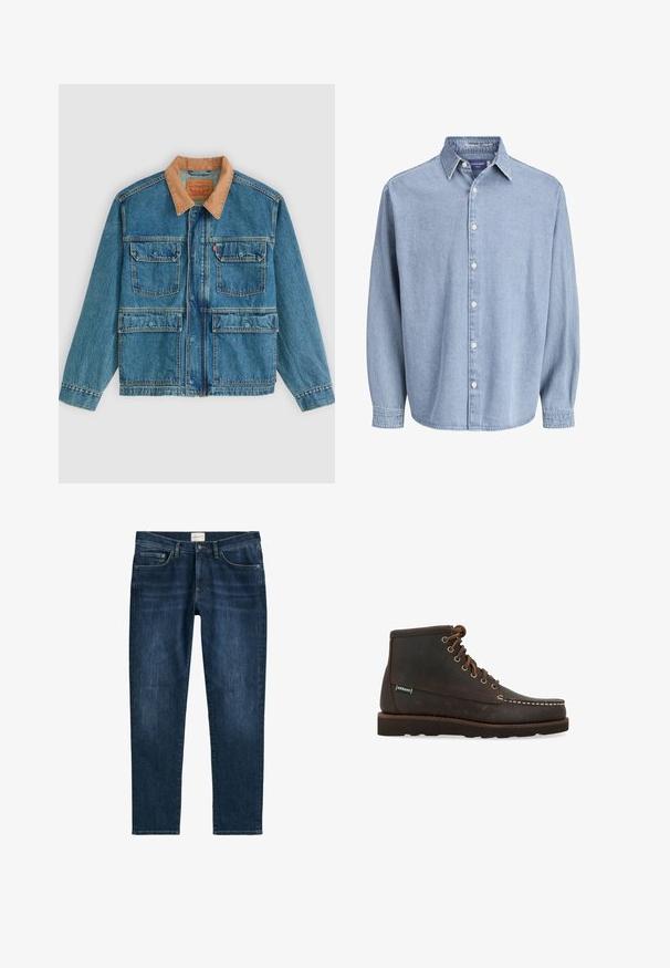 Blauwe spijkerjas met vier voorzakken met klep en een bruine ribfluwelen kraag, weergegeven tegen een effen lichte achtergrond.; Lichtblauwe denim lange mouw knoophemd met kraag en witte knopen, weergegeven tegen een effen witte achtergrond.; Donkerblauwe denim jeans met een rechte pijp, vijf zakken, riemlussen en subtiele vervaging. De stof heeft een gladde textuur.; Sebago Veterboots - marrone